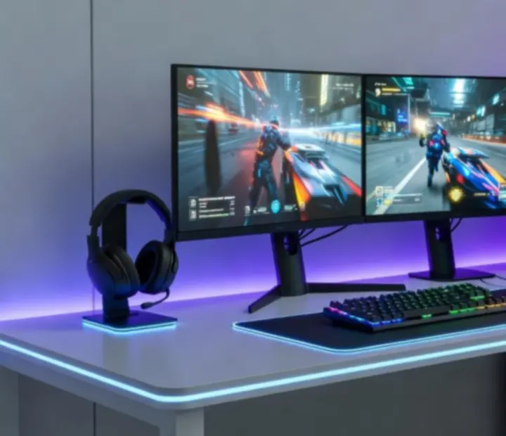 Nowoczesny setup gamingowy z podświetlaną klawiaturą i monitorem