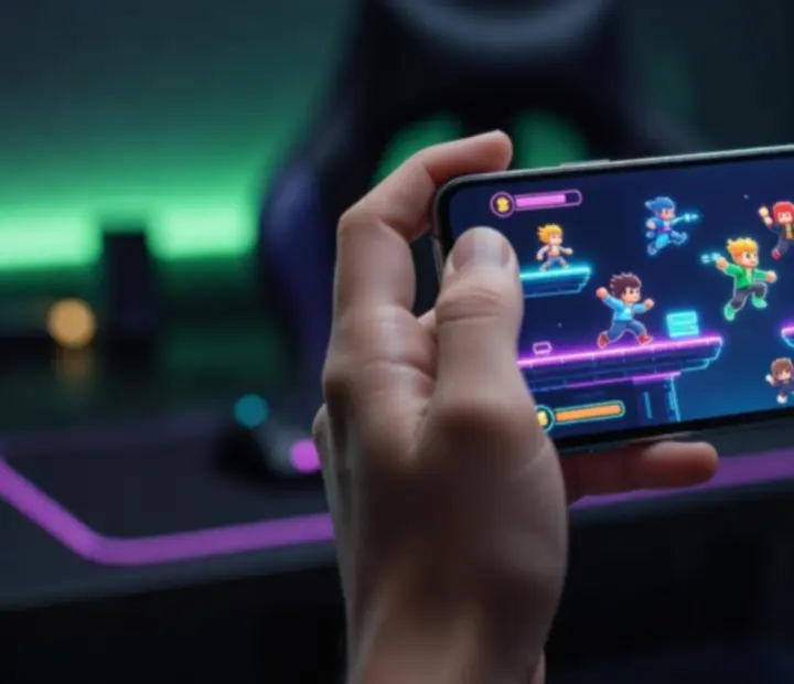 Gracz korzystający z telefonu oraz konsoli przenośnej podczas gry indie i mobile